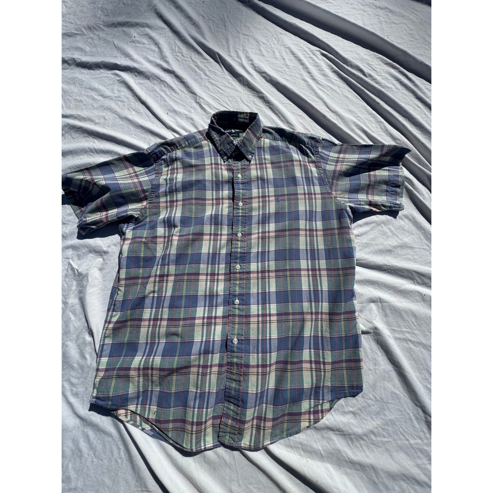 Ralph Lauren Blake Mens Large Blue Green Plaid Short Sleeve Button‎ Down Shirt